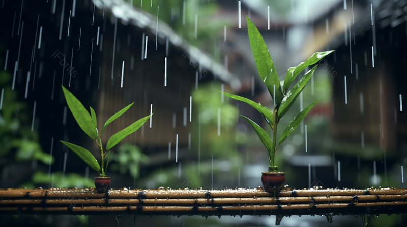 下雨天气竹竿上的绿植特写,高清,摄影图,摄影图片,图片大全,摄影图免费下载